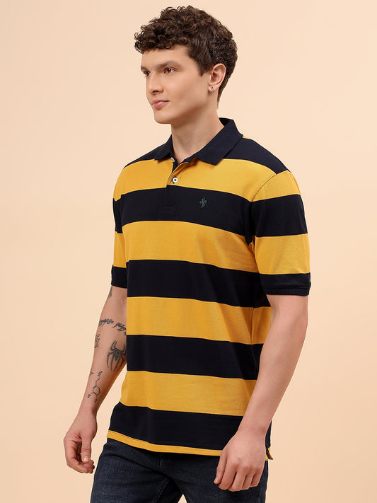 T-Shirt for Men | Breathable & Soft with Color Fastness Regular Fit Polo Neck Poly Cotton Fabric Striped Pattern