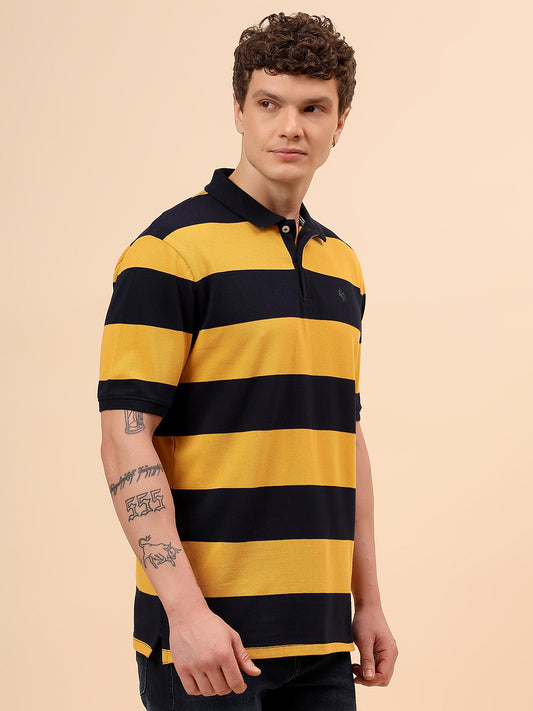 T-Shirt for Men | Breathable & Soft with Color Fastness Regular Fit Polo Neck Poly Cotton Fabric Striped Pattern