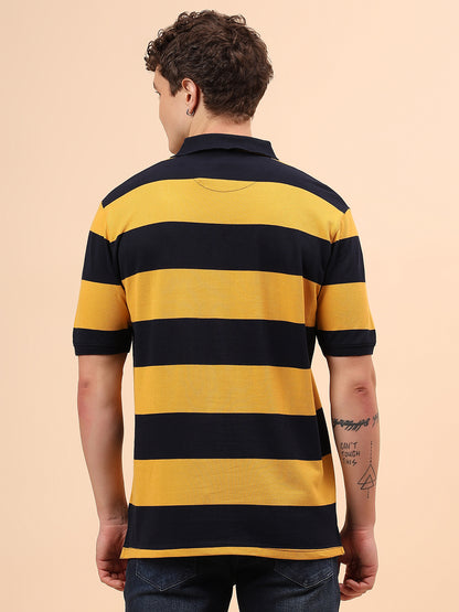 T-Shirt for Men | Breathable & Soft with Color Fastness Regular Fit Polo Neck Poly Cotton Fabric Striped Pattern
