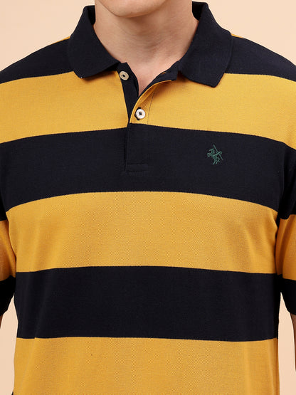 T-Shirt for Men | Breathable & Soft with Color Fastness Regular Fit Polo Neck Poly Cotton Fabric Striped Pattern