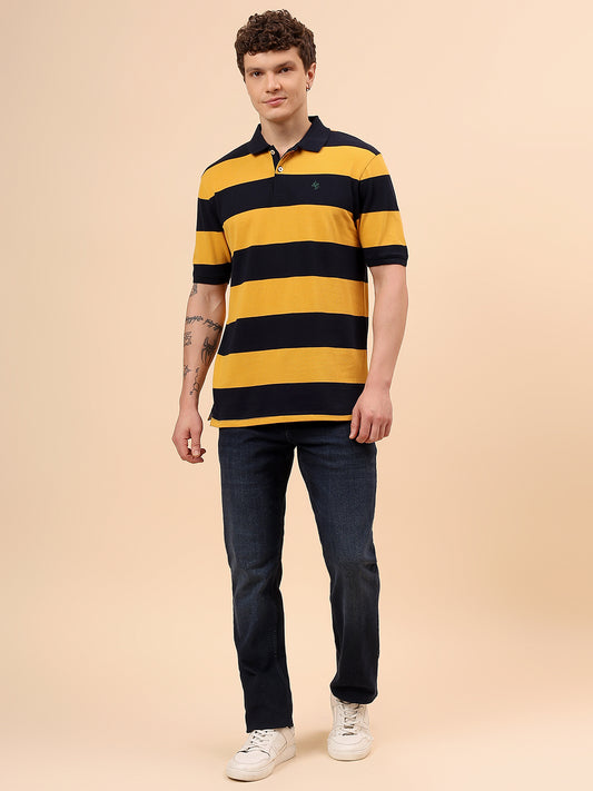 T-Shirt for Men | Breathable & Soft with Color Fastness Regular Fit Polo Neck Poly Cotton Fabric Striped Pattern