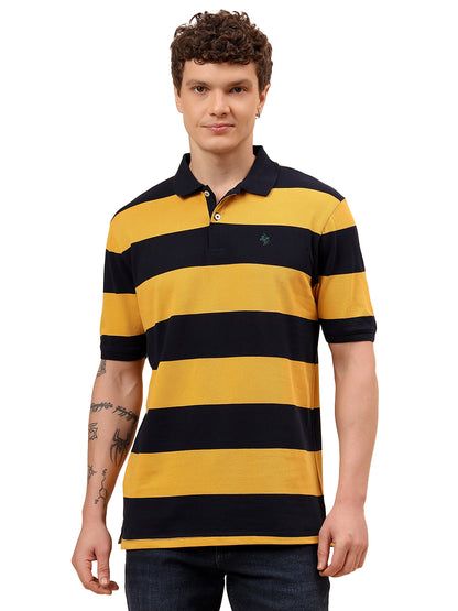 T-Shirt for Men | Breathable & Soft with Color Fastness Regular Fit Polo Neck Poly Cotton Fabric Striped Pattern