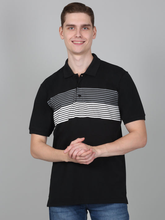 T-Shirt for Men | Breathable & Soft with Color Fastness Regular Fit Polo Neck Poly Cotton Fabric Striped Pattern