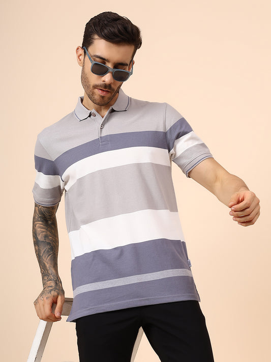T-Shirt for Men | Breathable & Soft with Color Fastness Regular Fit Polo Neck Poly Cotton Fabric Striped Pattern