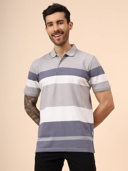 T-Shirt for Men | Breathable & Soft with Color Fastness Regular Fit Polo Neck Poly Cotton Fabric Striped Pattern