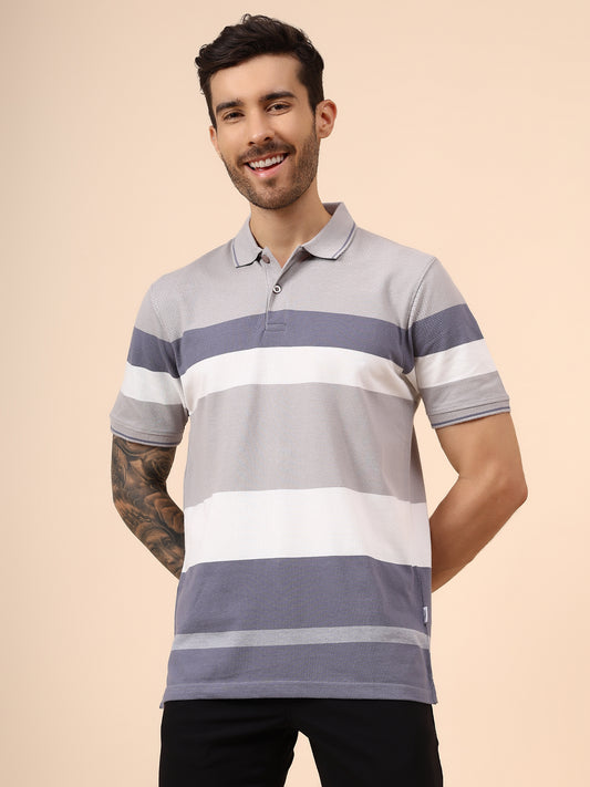 T-Shirt for Men | Breathable & Soft with Color Fastness Regular Fit Polo Neck Poly Cotton Fabric Striped Pattern