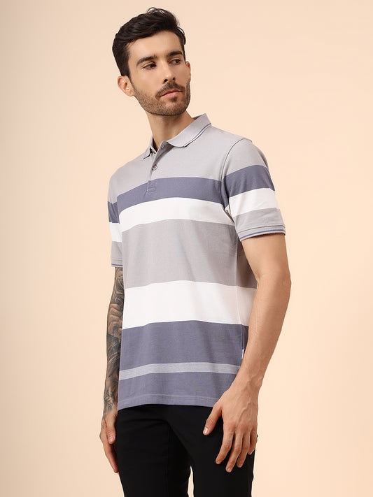 T-Shirt for Men | Breathable & Soft with Color Fastness Regular Fit Polo Neck Poly Cotton Fabric Striped Pattern