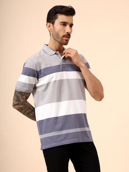 T-Shirt for Men | Breathable & Soft with Color Fastness Regular Fit Polo Neck Poly Cotton Fabric Striped Pattern