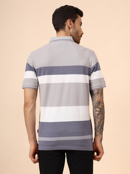 T-Shirt for Men | Breathable & Soft with Color Fastness Regular Fit Polo Neck Poly Cotton Fabric Striped Pattern