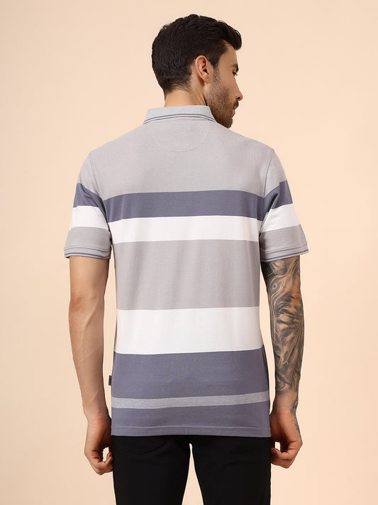 T-Shirt for Men | Breathable & Soft with Color Fastness Regular Fit Polo Neck Poly Cotton Fabric Striped Pattern