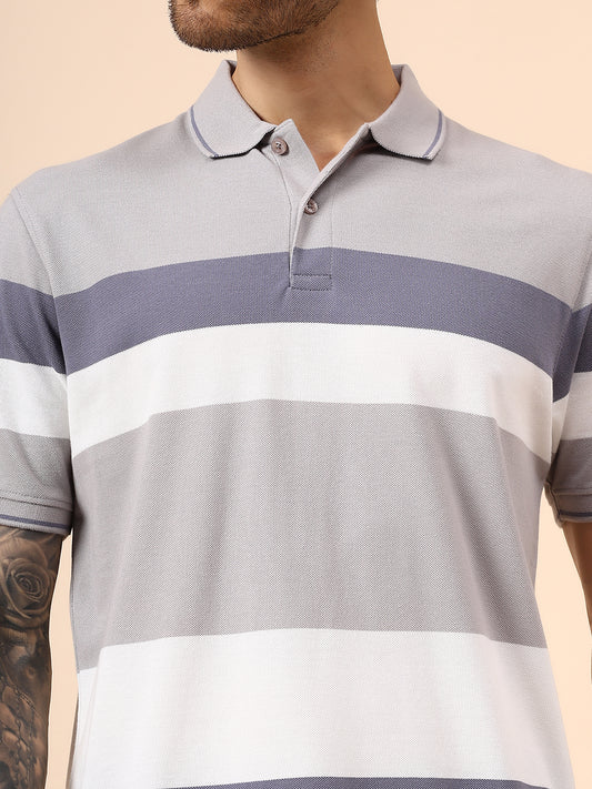 T-Shirt for Men | Breathable & Soft with Color Fastness Regular Fit Polo Neck Poly Cotton Fabric Striped Pattern