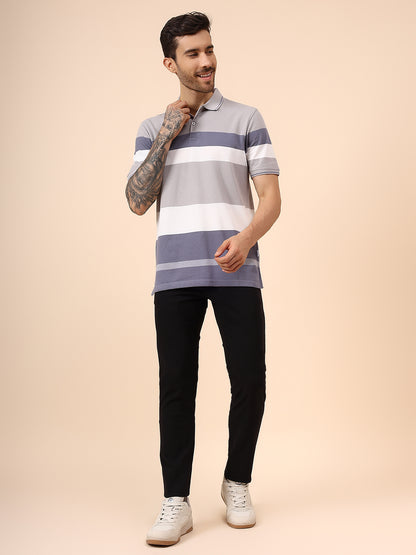 T-Shirt for Men | Breathable & Soft with Color Fastness Regular Fit Polo Neck Poly Cotton Fabric Striped Pattern