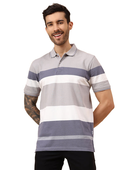 T-Shirt for Men | Breathable & Soft with Color Fastness Regular Fit Polo Neck Poly Cotton Fabric Striped Pattern