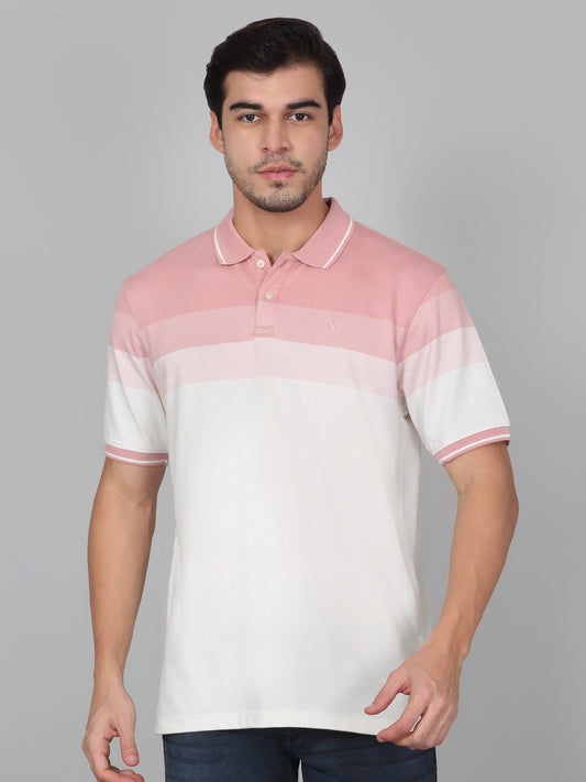 T-Shirt for Men | Breathable & Soft with Color Fastness Regular Fit Polo Neck Poly Cotton Fabric Striped Pattern