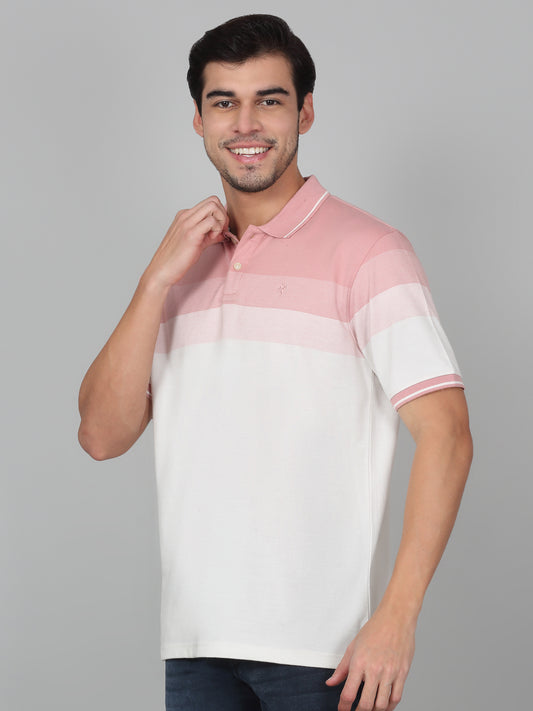 T-Shirt for Men | Breathable & Soft with Color Fastness Regular Fit Polo Neck Poly Cotton Fabric Striped Pattern