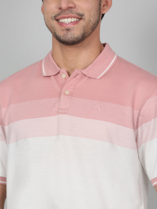 T-Shirt for Men | Breathable & Soft with Color Fastness Regular Fit Polo Neck Poly Cotton Fabric Striped Pattern