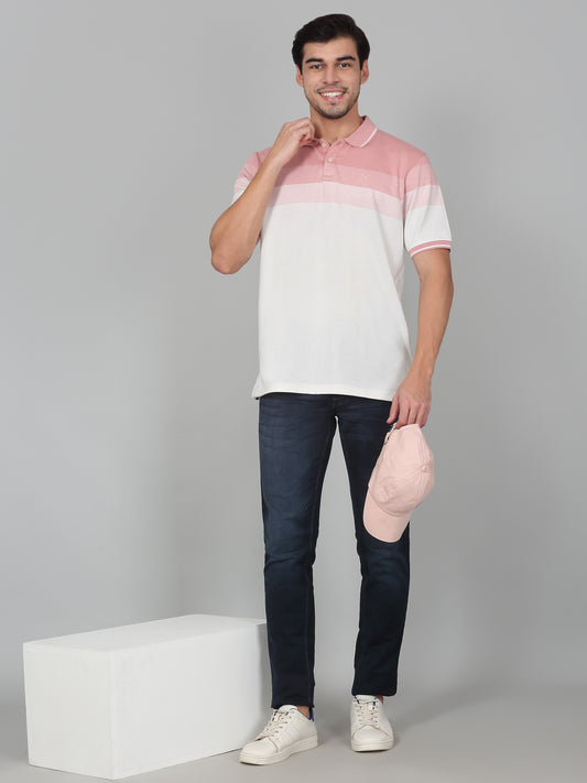T-Shirt for Men | Breathable & Soft with Color Fastness Regular Fit Polo Neck Poly Cotton Fabric Striped Pattern