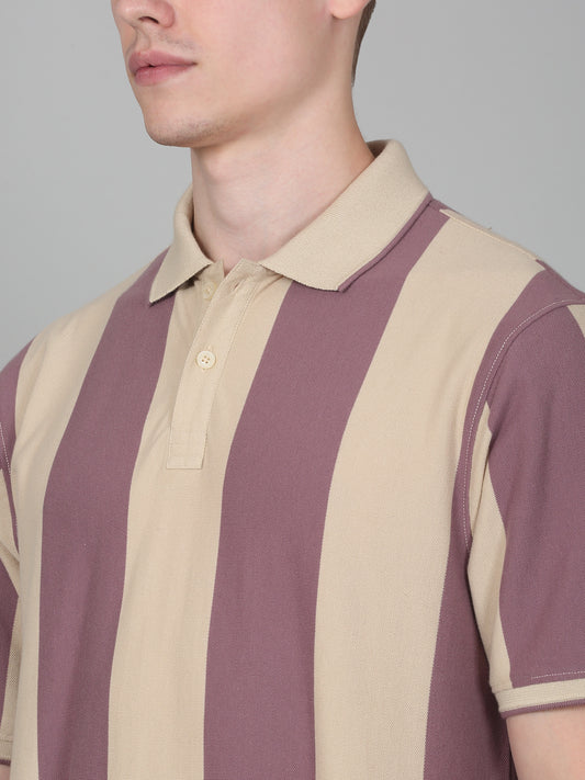 T-Shirt for Men | Breathable & Soft with Color Fastness Regular Fit Polo Neck Poly Cotton Fabric Striped Pattern