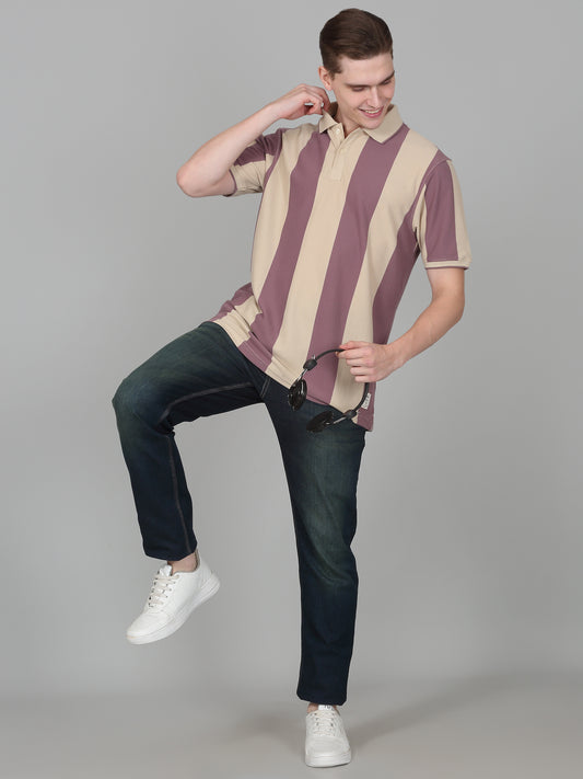 T-Shirt for Men | Breathable & Soft with Color Fastness Regular Fit Polo Neck Poly Cotton Fabric Striped Pattern