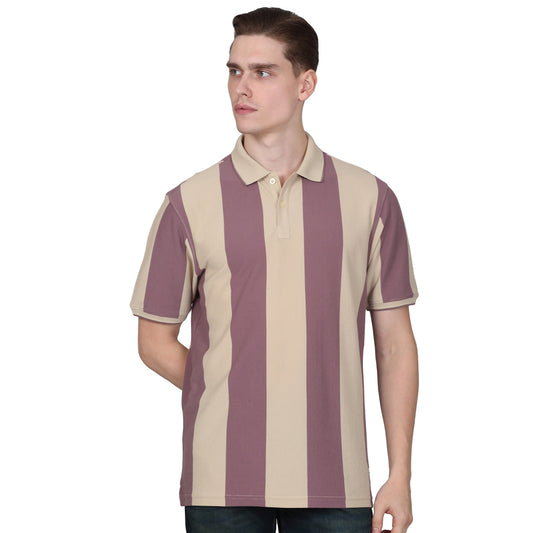 T-Shirt for Men | Breathable & Soft with Color Fastness Regular Fit Polo Neck Poly Cotton Fabric Striped Pattern