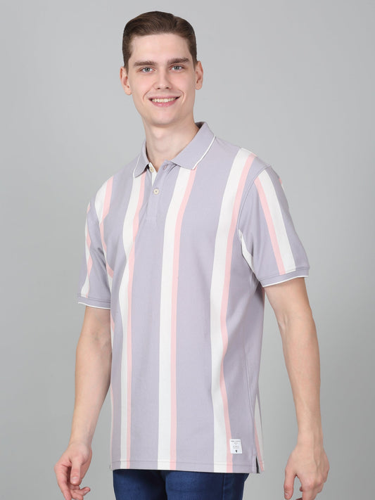 T-Shirt for Men | Breathable & Soft with Color Fastness Regular Fit Polo Neck Poly Cotton Fabric Striped Pattern