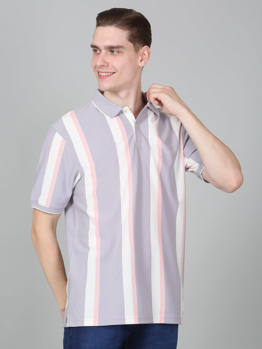 T-Shirt for Men | Breathable & Soft with Color Fastness Regular Fit Polo Neck Poly Cotton Fabric Striped Pattern
