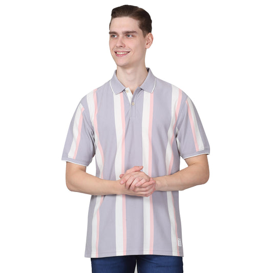 T-Shirt for Men | Breathable & Soft with Color Fastness Regular Fit Polo Neck Poly Cotton Fabric Striped Pattern