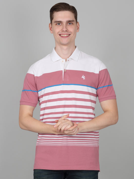 T-Shirt for Men | Breathable & Soft with Color Fastness Regular Fit Polo Neck Poly Cotton Fabric Striped Pattern