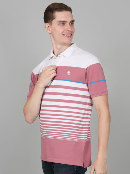 T-Shirt for Men | Breathable & Soft with Color Fastness Regular Fit Polo Neck Poly Cotton Fabric Striped Pattern