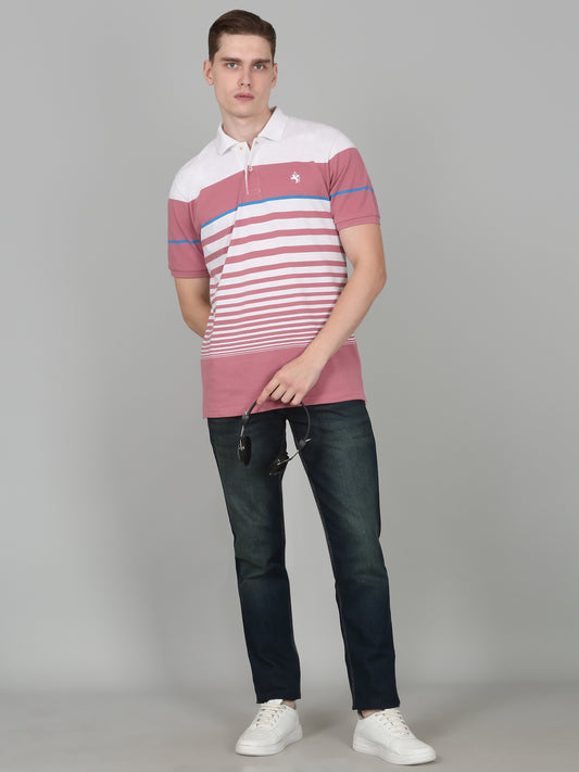 T-Shirt for Men | Breathable & Soft with Color Fastness Regular Fit Polo Neck Poly Cotton Fabric Striped Pattern