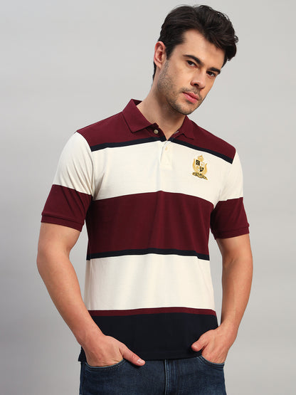 Cantabil Men's Maroon Striped Polo Neck T-Shirt