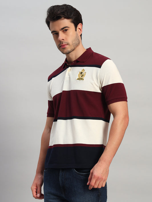Cantabil Men's Maroon Striped Polo Neck T-Shirt