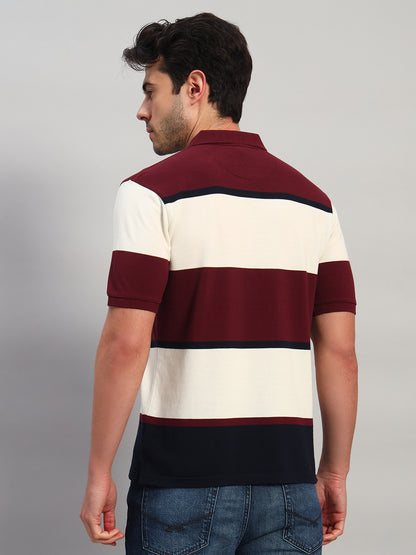 Cantabil Men's Maroon Striped Polo Neck T-Shirt