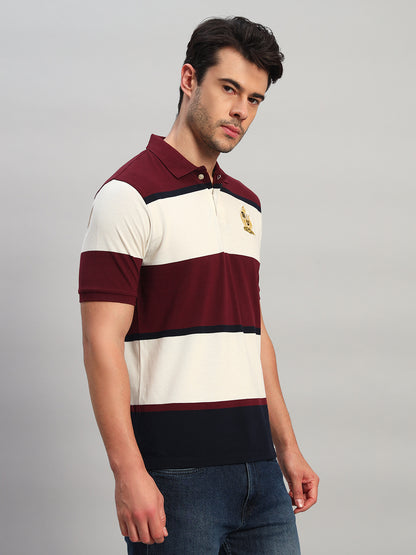 Cantabil Men's Maroon Striped Polo Neck T-Shirt