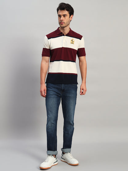 Cantabil Men's Maroon Striped Polo Neck T-Shirt