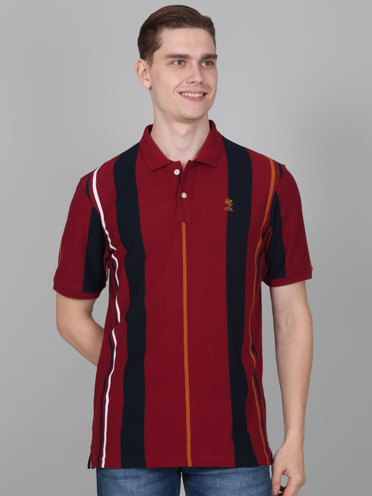 T-Shirt for Men | Breathable & Soft with Color Fastness Regular Fit Polo Neck Poly Cotton Fabric Striped Pattern