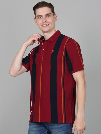 T-Shirt for Men | Breathable & Soft with Color Fastness Regular Fit Polo Neck Poly Cotton Fabric Striped Pattern