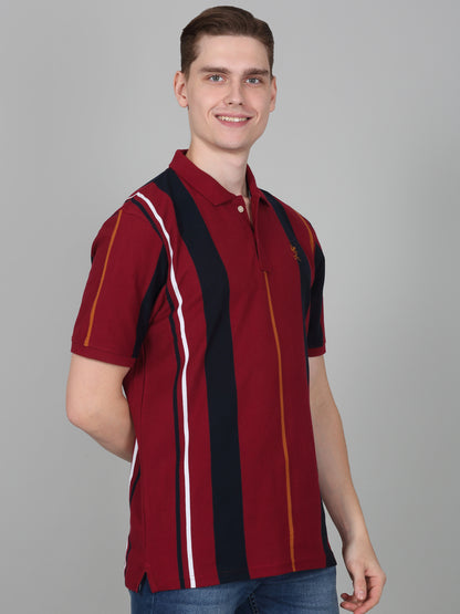 T-Shirt for Men | Breathable & Soft with Color Fastness Regular Fit Polo Neck Poly Cotton Fabric Striped Pattern