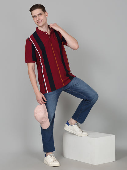 T-Shirt for Men | Breathable & Soft with Color Fastness Regular Fit Polo Neck Poly Cotton Fabric Striped Pattern