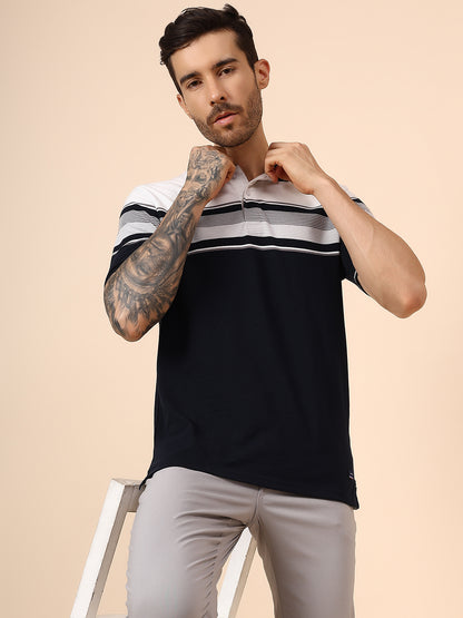 T-Shirt for Men | Breathable & Soft with Color Fastness Regular Fit Polo Neck Poly Cotton Fabric Striped Pattern