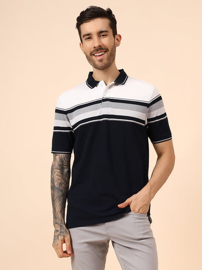 T-Shirt for Men | Breathable & Soft with Color Fastness Regular Fit Polo Neck Poly Cotton Fabric Striped Pattern