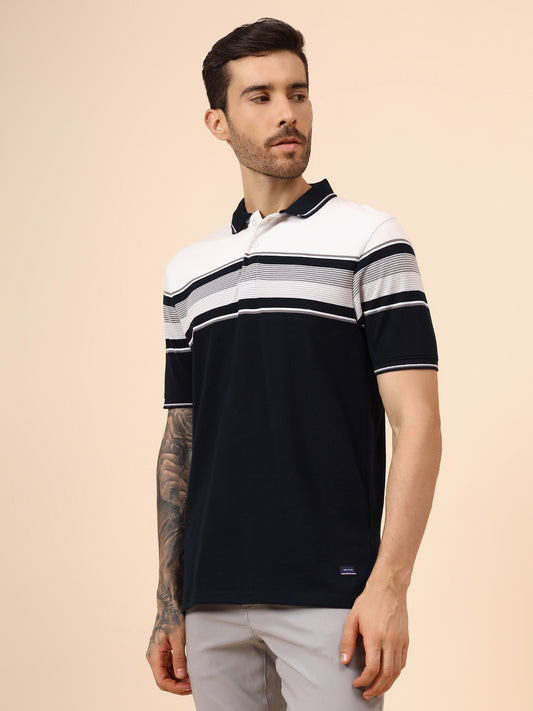 T-Shirt for Men | Breathable & Soft with Color Fastness Regular Fit Polo Neck Poly Cotton Fabric Striped Pattern