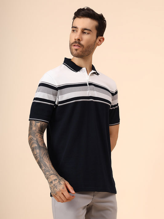 T-Shirt for Men | Breathable & Soft with Color Fastness Regular Fit Polo Neck Poly Cotton Fabric Striped Pattern