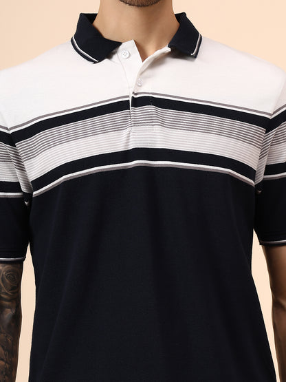 T-Shirt for Men | Breathable & Soft with Color Fastness Regular Fit Polo Neck Poly Cotton Fabric Striped Pattern