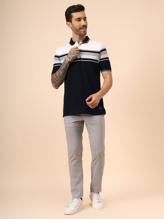 T-Shirt for Men | Breathable & Soft with Color Fastness Regular Fit Polo Neck Poly Cotton Fabric Striped Pattern