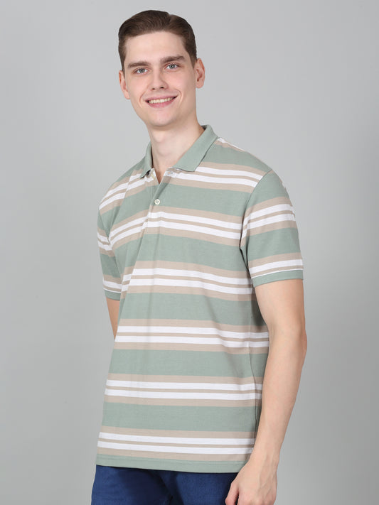 T-Shirt for Men | Breathable & Soft with Color Fastness Regular Fit Polo Neck Poly Cotton Fabric Striped Pattern