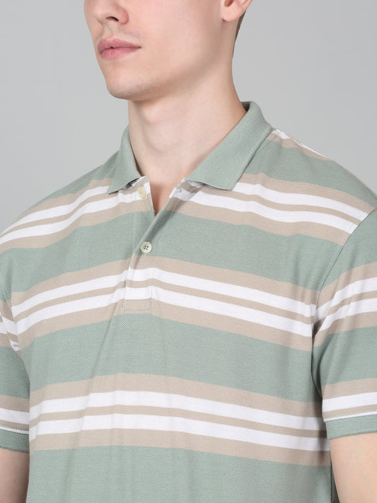 T-Shirt for Men | Breathable & Soft with Color Fastness Regular Fit Polo Neck Poly Cotton Fabric Striped Pattern