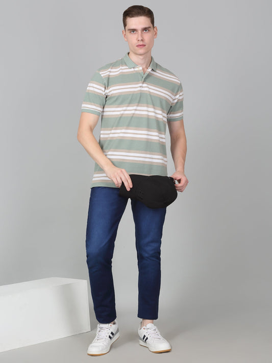 T-Shirt for Men | Breathable & Soft with Color Fastness Regular Fit Polo Neck Poly Cotton Fabric Striped Pattern