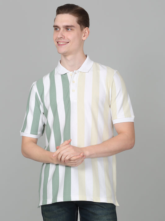 T-Shirt for Men | Breathable & Soft with Color Fastness Regular Fit Polo Neck Poly Cotton Fabric Striped Pattern