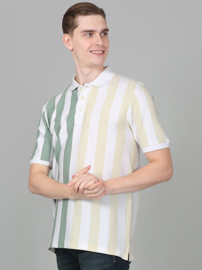 T-Shirt for Men | Breathable & Soft with Color Fastness Regular Fit Polo Neck Poly Cotton Fabric Striped Pattern